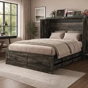 ARCH Queen Murphy Bed with Charging Station Farmhouse Hideaway Foldable Platform Bed with Storage Drawer Cabinet Combo for Guest Bedroom Living Room Office Small Space No Box Spring Needed Antique Grey Engineered Wood, Queen Size Options