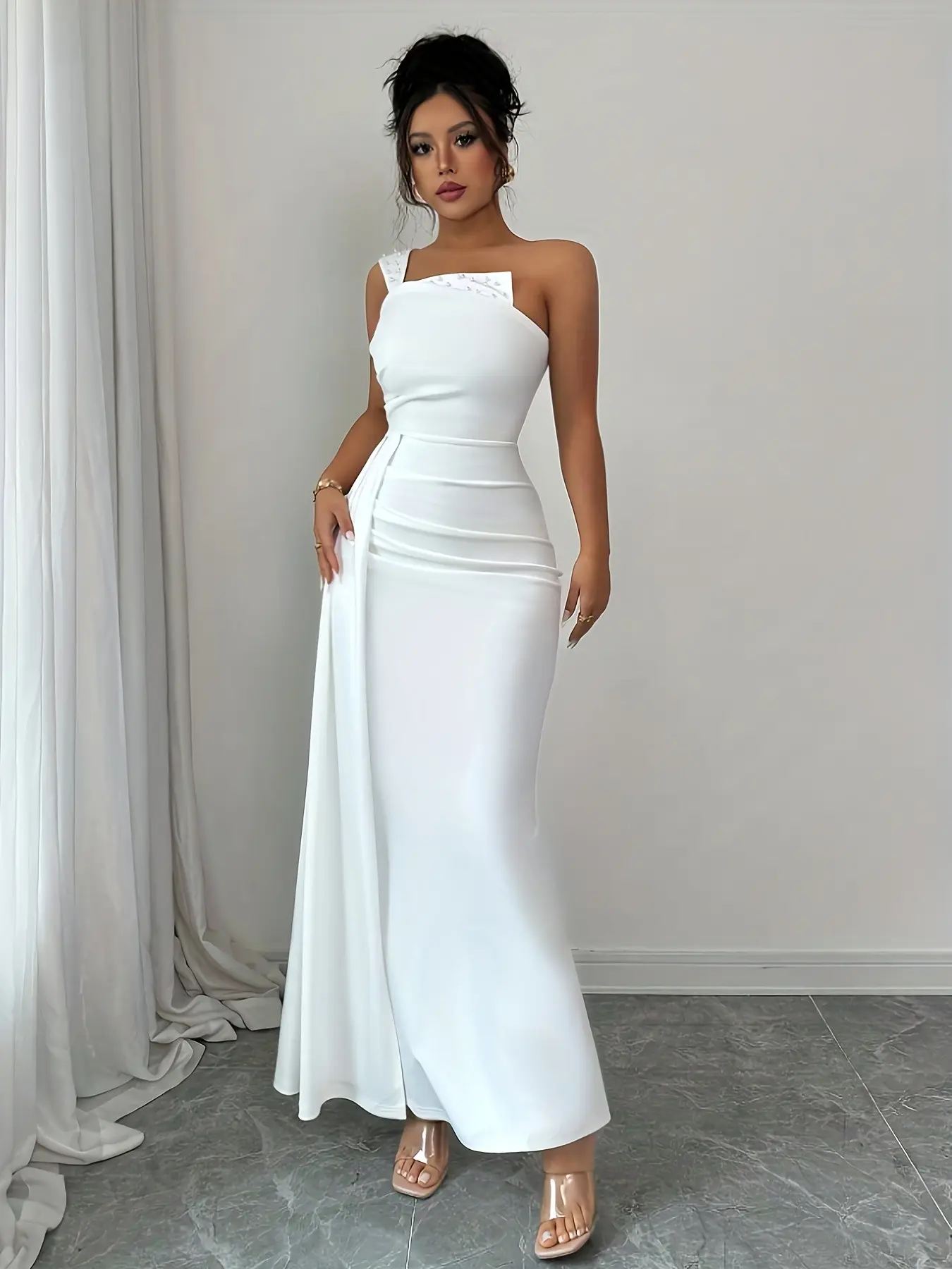 Elegant Classy Flattering Beaded Pleated Waist Sleeveless Dress for Women, Office Dress, Formal Dress, Church Dress, Wedding Dress, Festival Dress, Business Casual Wear, Tight Fit Dress, Elegant Formal Style
