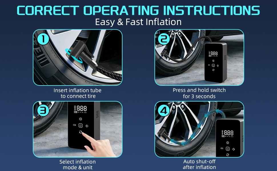 Upgraded Portable Tire Inflator, 150 PSI Cordless Air Compressor, Digital Pressure Gauge, Auto Shut Off Function, LED Light, Long Lasting Battery