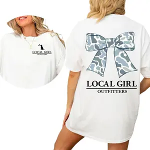 Local Girl Outfitters Oversized White Tee for Women, Soft Cotton Camo Bow Graphic, Cute Preppy Southern Style, Perfect Gift for Coastal Cowgirl