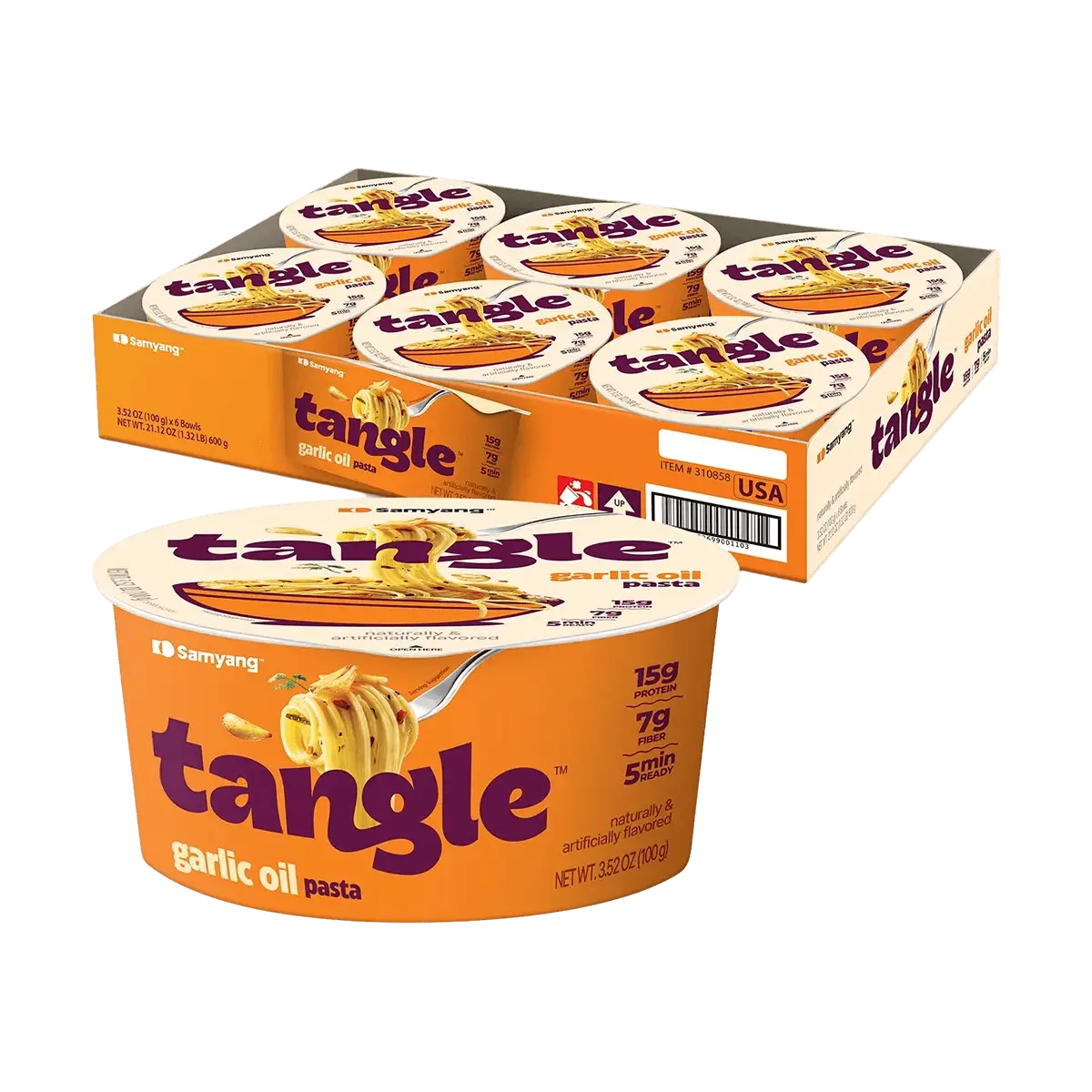 SAMYANG Tangle Garlic Olive Oil Flavor Tangle Pasta Cup Noodles - 6 Pack 100g Each Korean Instant Ramen High Protein Low Calorie Costco Style Yami