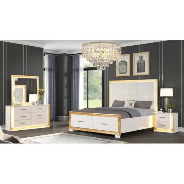 Bellemave OBSESSION Queen Bedroom Set, 4PC Contemporary Wood Furniture Set with Gold Finish