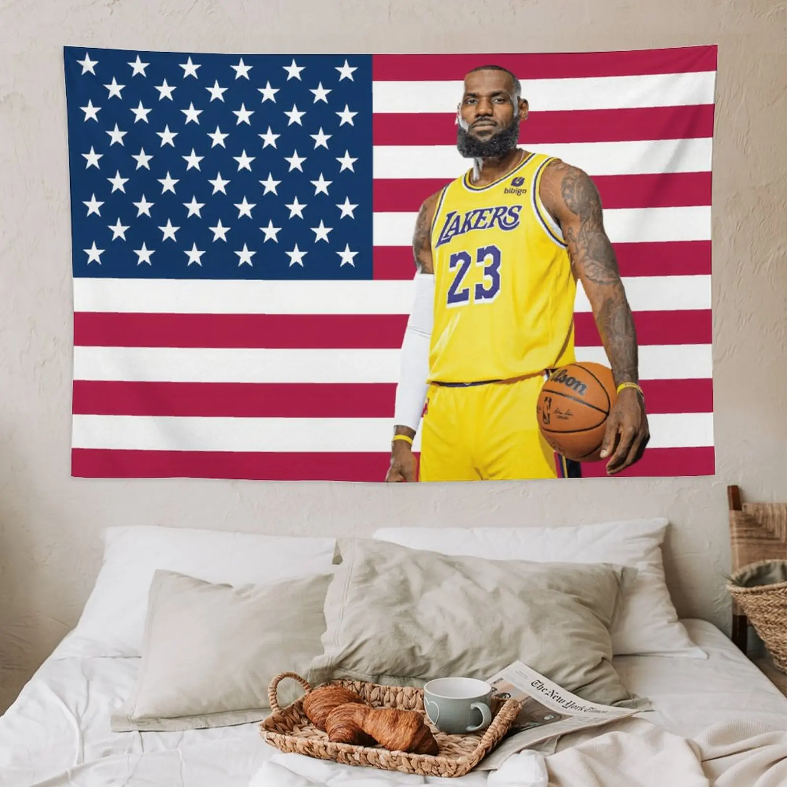 LeBron James Art Flag Print Tapestry, Patriotic American Decor Wall Hanging, Home Aesthetic Decor for College Dorm & Bedroom Gift, Flag Print Tapestries