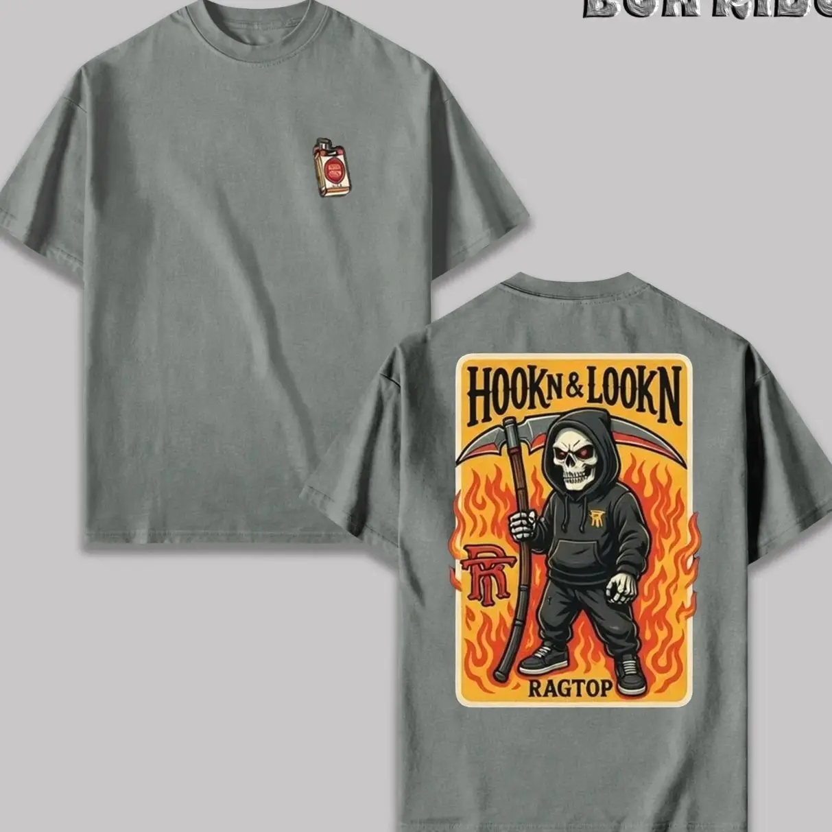Men's Stylish Classic Short-Sleeve Round Neck Casual Hook & Loop T-Shirt - Vintage Streetwear Tee, Ragtop Grim Reaper Firefighter Graphic, Skeleton Holding Scythe & Bold Flame Print, Breathable Soft Cotton Blend Fabric, Fire Rescue Gift L84