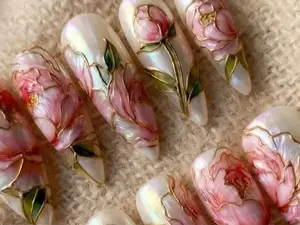 Hand Painted Peony Stained Glass Press On Nails, Gold Chrome Floral Almond Manicure