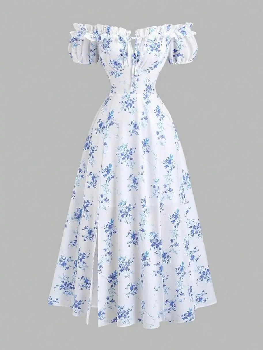 Women's Ditsy Floral Off Shoulder Ruffle Slit Dress | Summer Beach Style | Trendy Look