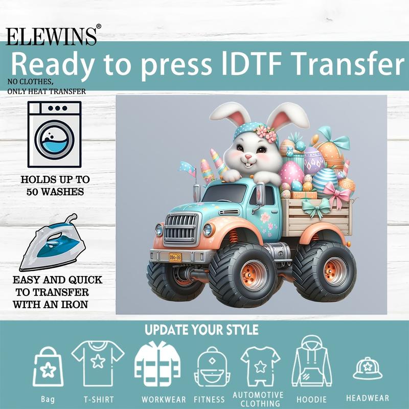 Cute Easter Bunny Riding Monster Truck Iron-On Transfer Stickers, DTF Heat Transfer Vinyl, Unisex Washable DIY Plastic Transfers