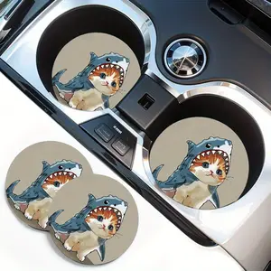 2pcs Shark & Cat Print Car Cup Holder Coasters - Rubber Absorbent Drink Mats for Vehicle Interior Car Cup Holder Coaster Mats