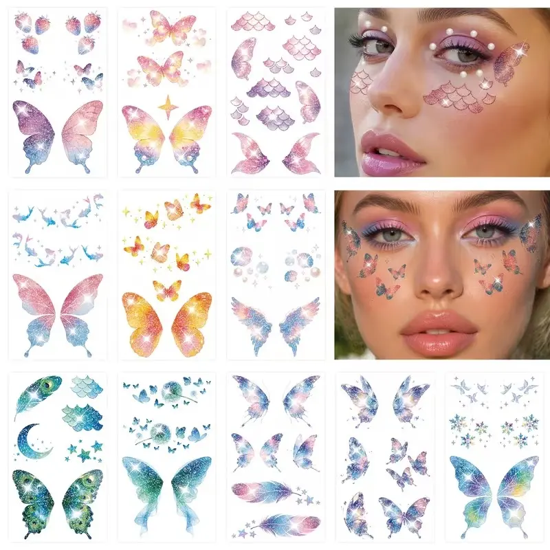 12-Sheet Pack Glitter Butterfly Temporary Face Tattoos for Women & Girls, Waterproof Eye Makeup Stickers, Shiny Fairy Body Art for Festivals