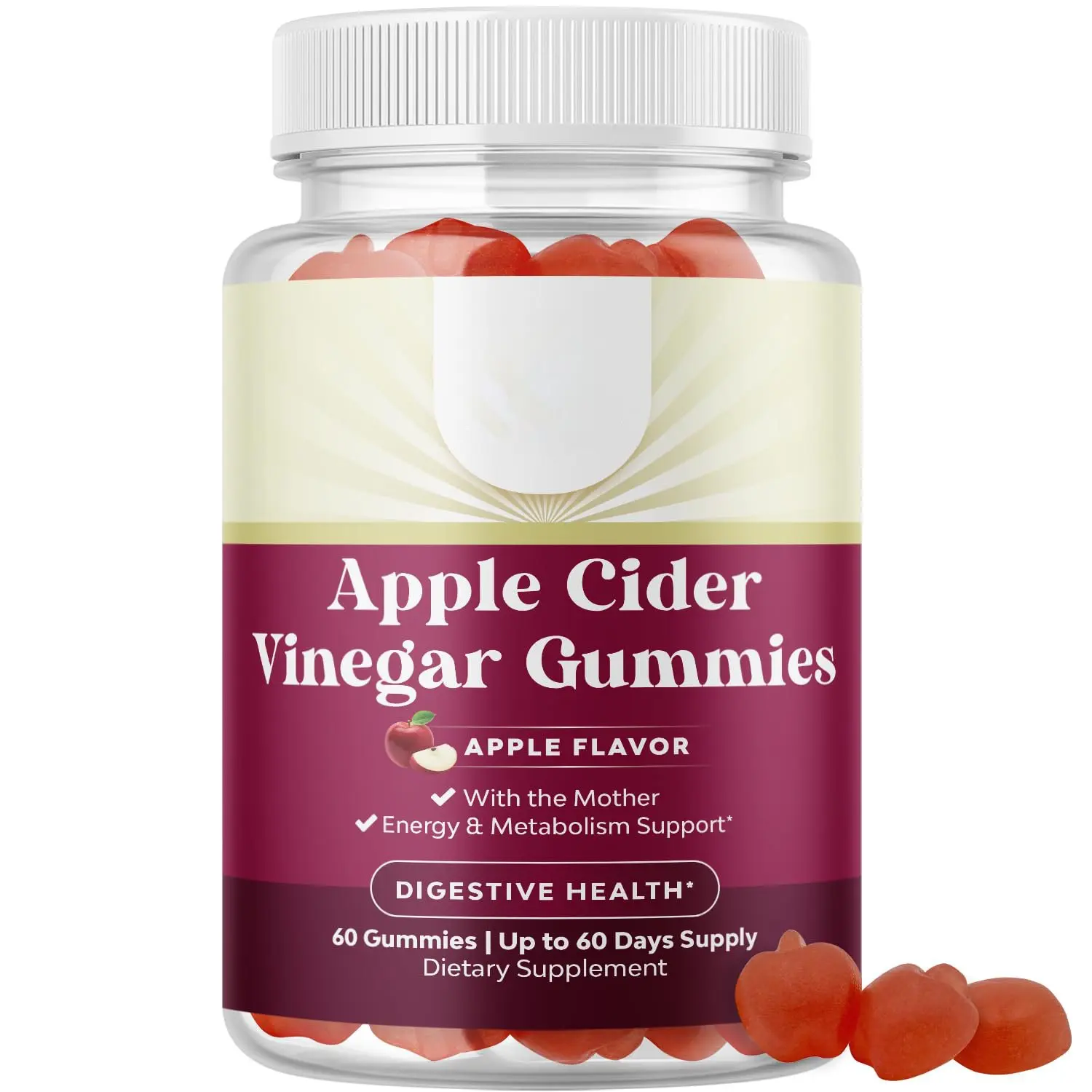 Apple Cider Vinegar Gummies with Mother, B12, B6, Folate & Pomegranate, ACV Daily Supplement for Digestive Support, 60 Gummies