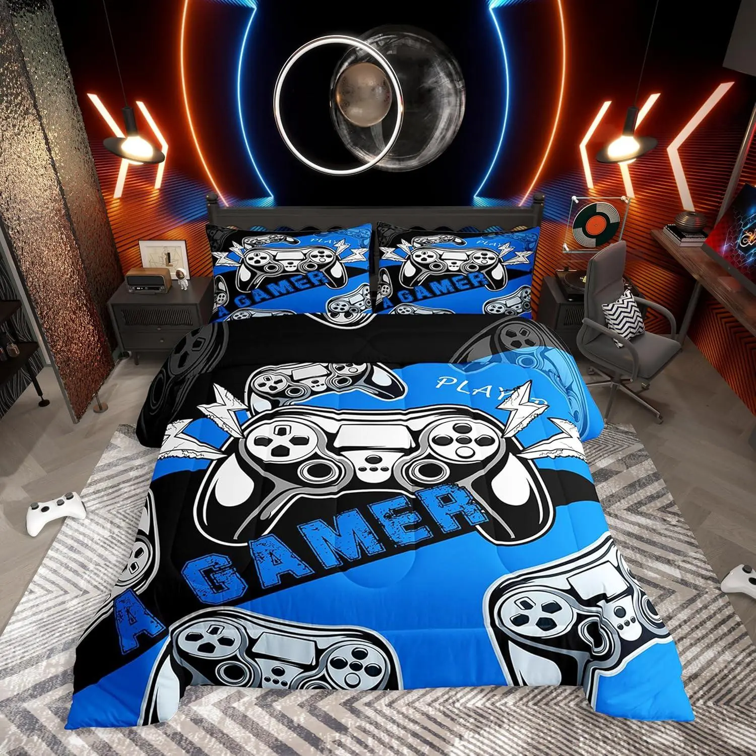 Feelyou Microfibre Queen Gamer Bedding Set - Blue Black Duvet Set, Gaming Console Letter Print Gentle Soft Blanket, Durable Soft Warm Beddingsets, Breathable Lightweight Camping Linens, Travel-Friendly Kids' Bedding, Machine Washable, Do Not Bleach