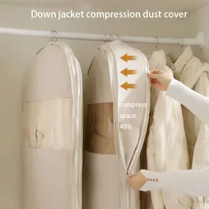 3-Size Beige Compression Hanging Dust Cover Bag (90/110/130cm) - 40% Space Saving Vacuum Seal for Down Coats & Winter Wardrobe, See-Through Luxury Storage w/ Durable Zipper