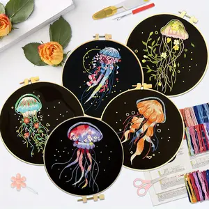5 Pieces Jellyfish Flower Embroidery Kit Starter Set, Hand Embroidery Pattern Printed Cross Stitch for Beginner Adults, With Embroidery Hoop and Instructions