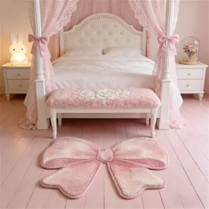 Pink bow bedroom decoration bedside carpet, French ins style living room carpet, Home Decor Rugs, cute bathroom balcony washable floor mat, irregular shape plush carpet, fluffy soft non-slip carpet