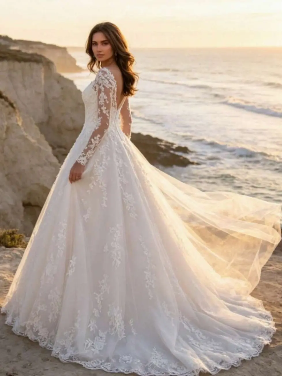 Women's Long-Sleeved Lace V-Neck Chiffon Wedding Dress With An Elegant A-Line Floor-Length Skirt