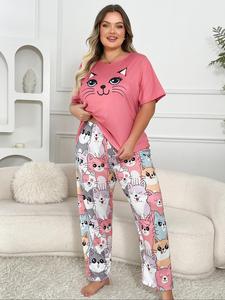 【plus size】 cat print tee & elastic waist pants pyjama set, casual comfy round neck short sleeve t-shirt & trousers pj set, women's sleepwear for summer, womenswear