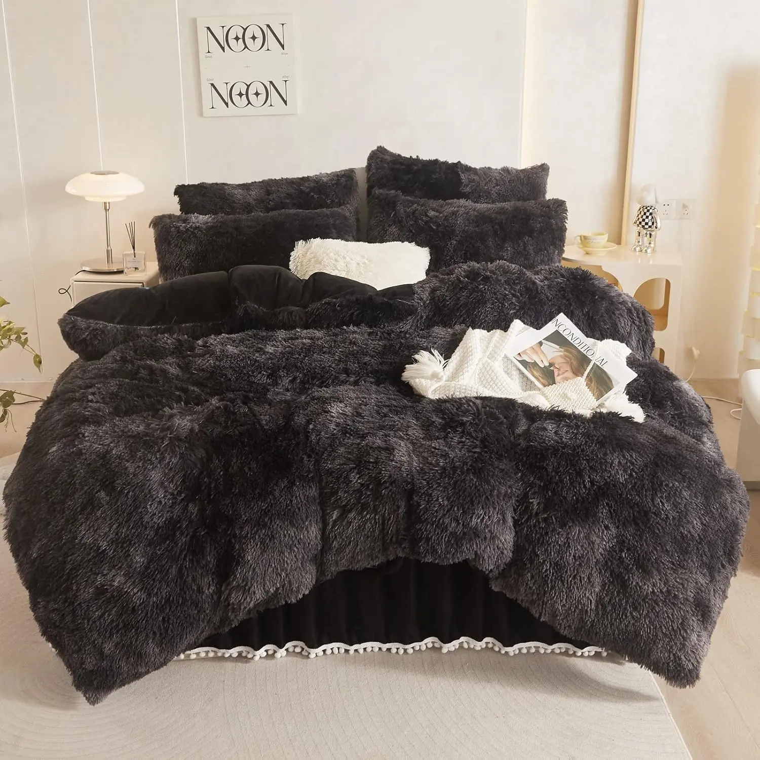 Tie Dye Black Comforter Cover Twin Set, Plush Tie Dye Black Twin Bedding Set 2 Pieces (1 Furry Duvet Cover + 1 Shaggy Plush Pillow) Faux Fur Bed Set, Zipper Closure