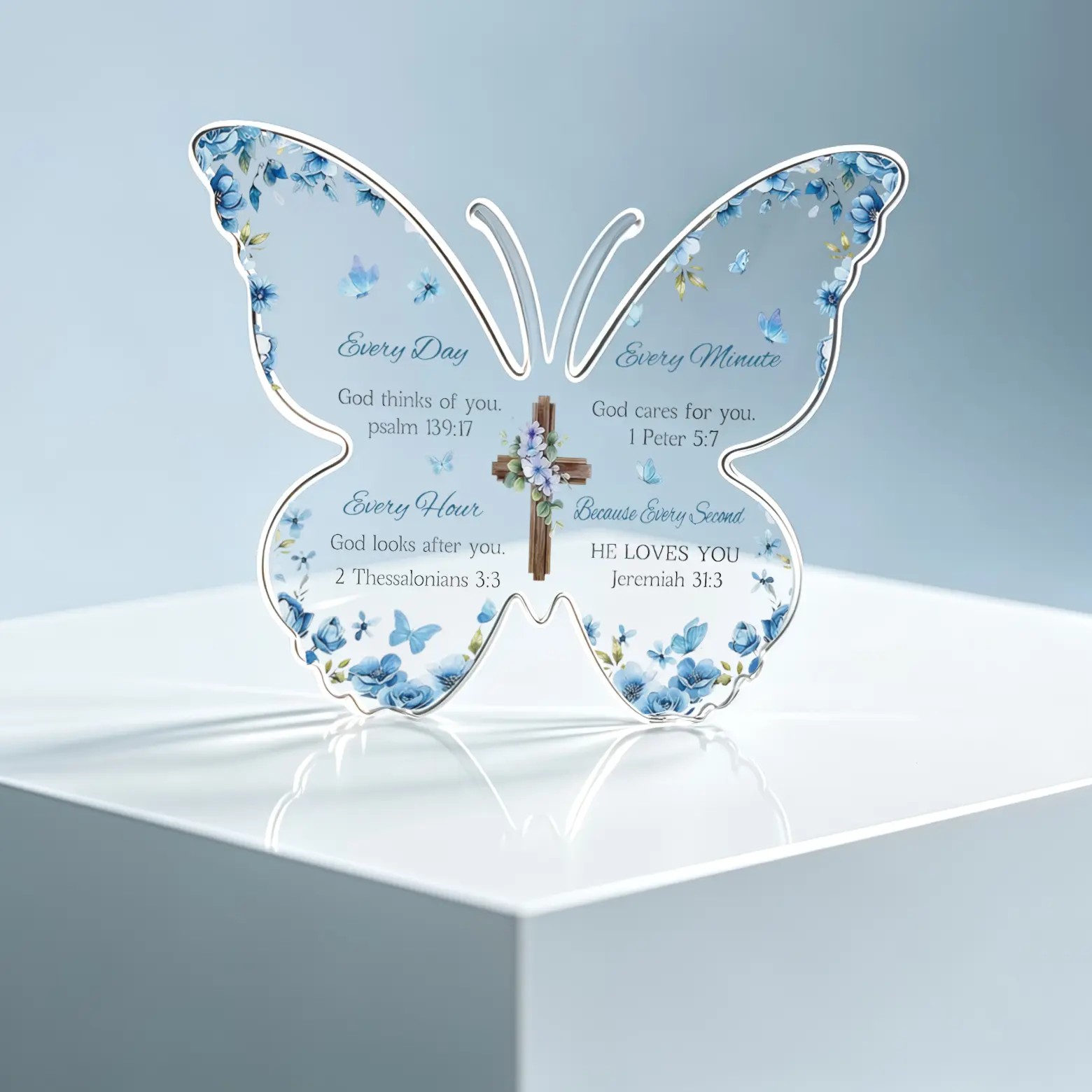 Blue Floral Butterfly Acrylic Plaque, Christian Cross Bible Verse Tabletop Decor, Religious Inspirational Scripture Gift for Women, Easter Baptism Birthday Present