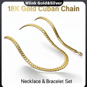 [Set] 18K Gold Plated Miami Cuban Link Chain Necklace & Bracelet Set , Flat Cut Smooth Polished Thick Cuban Jewelry with Secure Lobster Clasp, Hip Hop Street Fashion Gift (19.69/21.65/23.62 in)