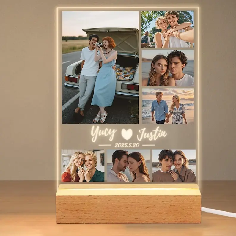 Personalized Photo LED Night Light, Custom Anniversary Frame Lamp for Him Her, Couples Photo LED Night Light- Wedding Date Name Acrylic Lamp, Valentine's Day Gift
