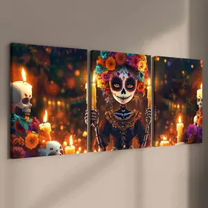 3 Counts Wooden Framed Canvas, Colorful Day Of The Dead Skeleton Lady Art Images, Exquisite Poster, Perfect Living Room Decoration, Modern Art, Modern Home Decoration, Fashion Family Poster, Wall Art Decoration, Waterproof Art