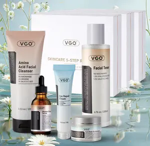 VGO Skincare Five-step Routine provides a Daily Care and Repair Kit for dry, sensitive, and dull skin. It includes a Cleanser, Toner, Serum, Eye Cream, and Moisturizer to repair, moisturize, and improve skin condition.