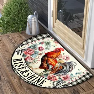 1Pc "Rise & Shine" Rooster Crowing Semi-Circular Mat, Washable Rugs, For Entrance Door, Bathroom, Living Room, Laundry Room, Home Decor, Soft, Non-Slip, Easy To Clean And Maintain, Halloween Decor, Gifts For Family, Halloween Home Decor,Christmas Home Dec