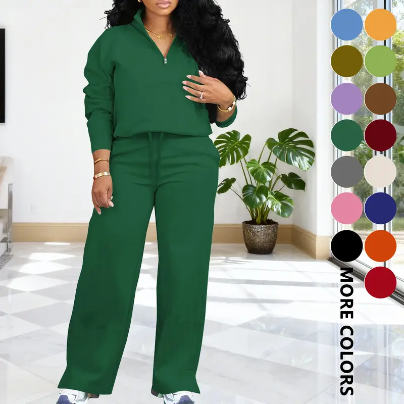 Women's 2-Piece Solid Set - Zip-Up Funnel Neck Sweatshirt, Drawstring Waist Pocket Pants, Drop Shoulder Long Sleeve, Fitted Cut, Knot Detail, No Iron, for Fall Winter Party Daily Wear
