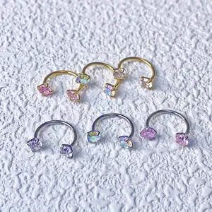 2pcs Titanium 20G(0.8mm)/18G(1.0mm) 8mm Horseshoe Nose Hoop Internally Threaded Gems Nose Ring with Free Ball Holder