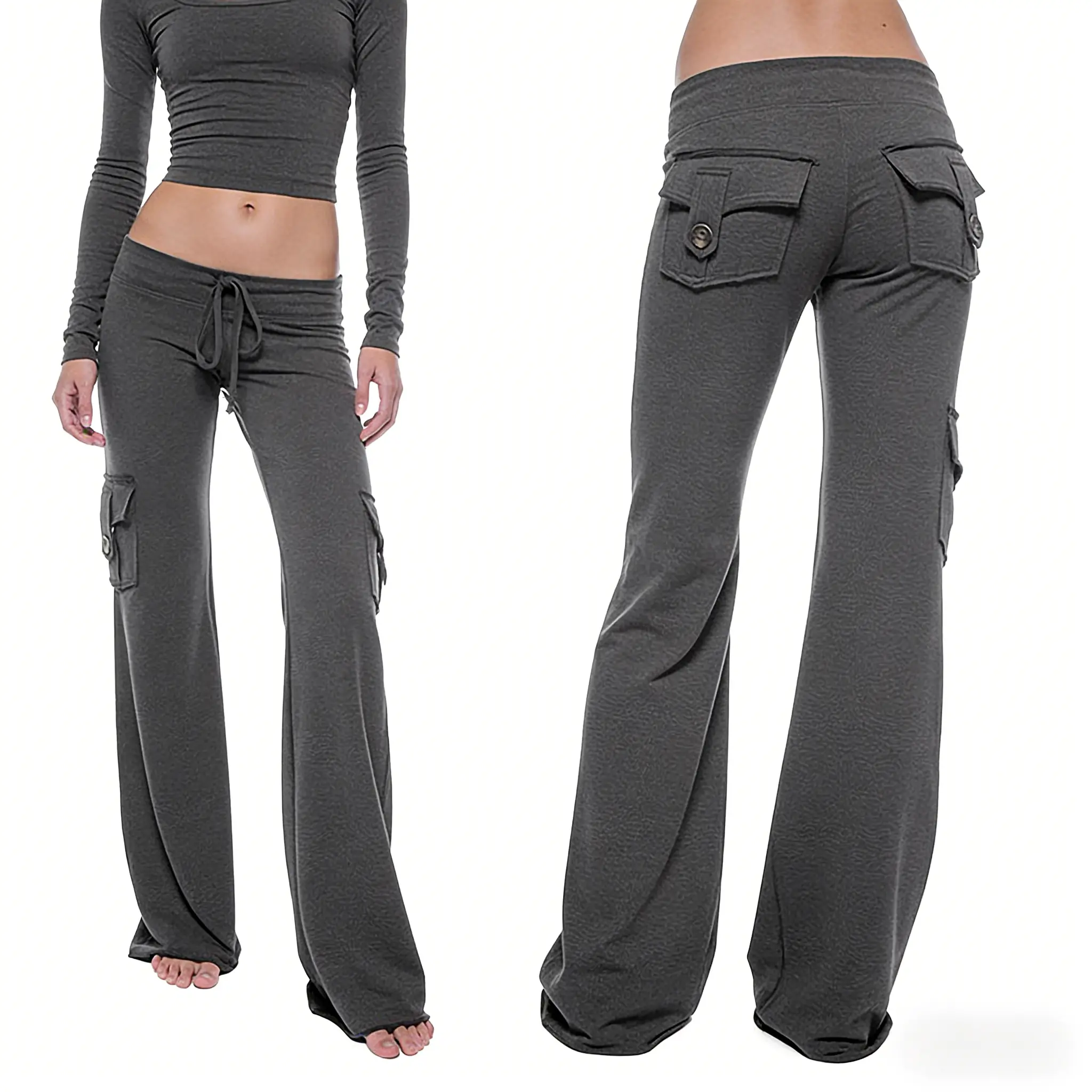 Wide Leg Cargo Pants for Women Yoga Leggings with Pockets Plus Size Y2K Drawstring Straight Leg Pants