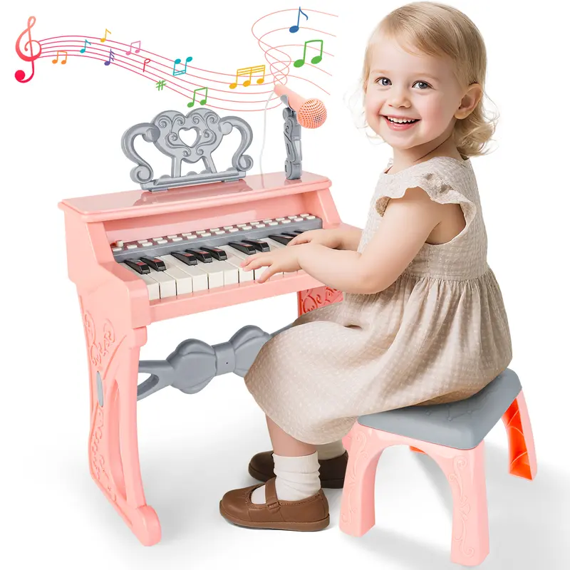 Children's Piano for Girls, 25-Key Digital Piano for Children, Music Educational Instrument Toy, Electronic Piano Toy with Stool and Microphone, 25 Keys, 22 Songs, Pink