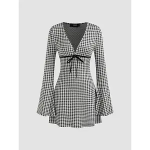 CIDER Women's Casual V-neck Gingham Bowknot Mini Dress (Size 0-10)