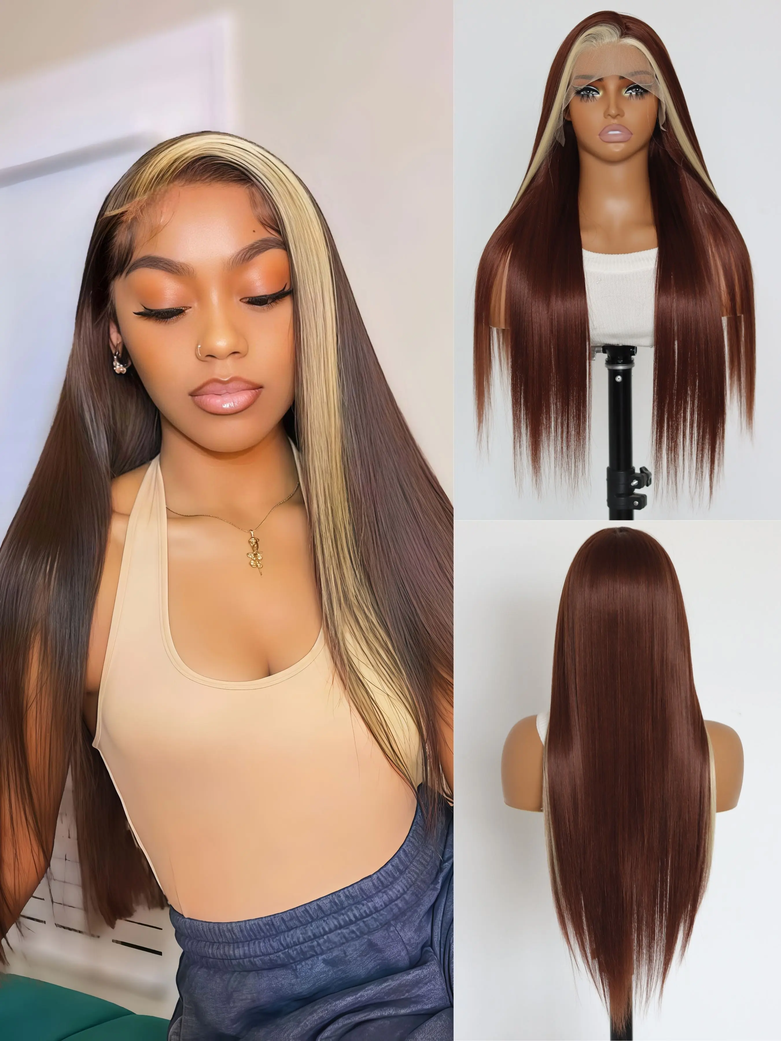 Skunk Stripe Wig Lace Front Wig Pre Plucked Ready To Wear HD Glueless Hair Wig No Glue Wig Straight Lace Frontal Wigs 13X4 Synthetic Lace Front Wigs For Women 180 Density 28inch brown And Blonde Wig Skunk Stripe Effortless Chic