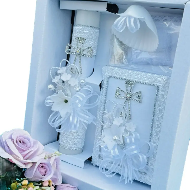 5pcs Traditional Baptism Candle Set - 8” Candle, Rosary, New Testament, Decorative Elements in Box for Boys & Girls (English & Spanish, White) | Decoration Party Supplies