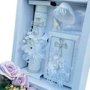 5pcs Baptism Candle Set with 8”Candle, Rosary, New Testament & Decorative Elements in Box for Boys and Girls English & Spanish white