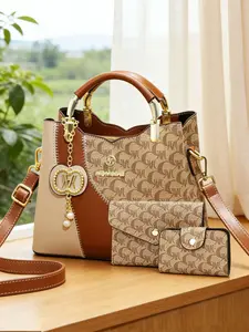 Trendy Print 3-Piece Women's Handbag Set, Colorblock Bucket Bag with Adjustable Strap, Large Capacity Shoulder Crossbody Bag for Daily Use, Colorblock Purse, Trendy Commuter Purse