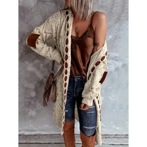 Color Block Open Front Cardigan, Vintage Long Sleeve Knitted Cardigan For Spring & Fall, Women's Clothing