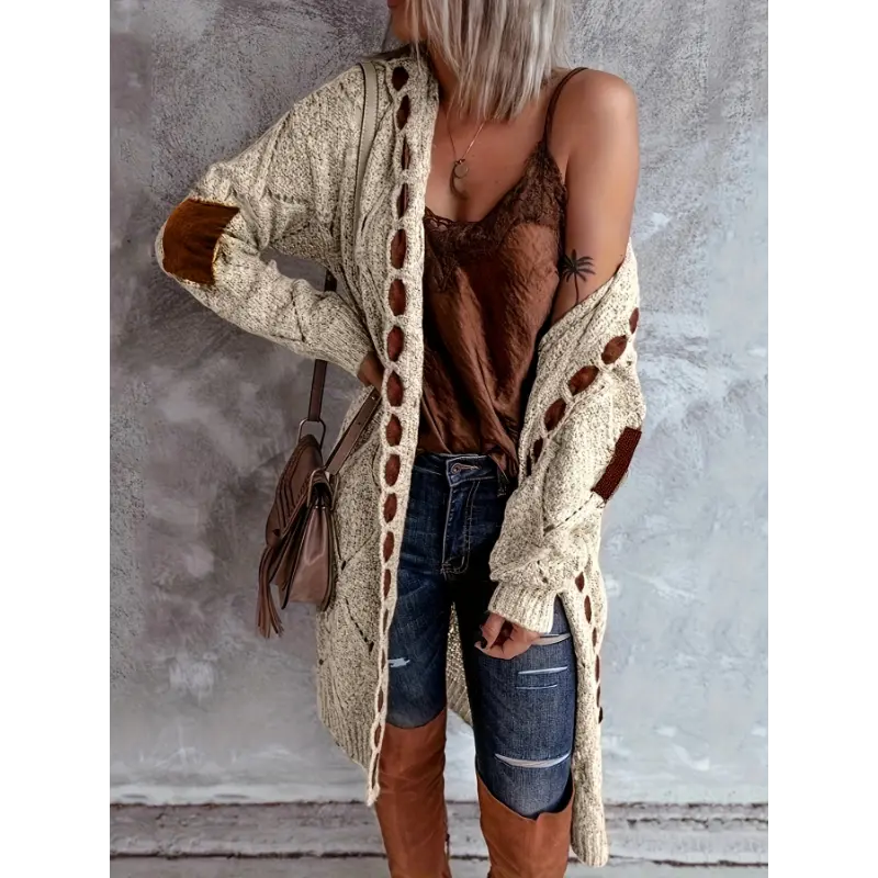 Lady's Polyester Knitting Fabric Color Block Open Front Long Sleeve Vintage Cardigan Tops for Spring & Fall Women's Clothing, Longsleeves