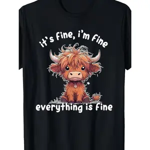 Fashion Graphic Funny Highland Cow Print T-Shirt, "It's Fine I'm Fine Everything Is Fine" Tee, Soft Breathable Oversized Crew Neck Outfit, Scottish Cow Pattern, Perfect Humorous Gift For Cow Lovers Farmers Animal Fans