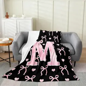 Initial Letter A Z Flannel Throw Blanket Black Pink Alphabet Design Monogrammed Custom Blanket Super Soft Cozy Multiple Sizes Ideal Gifts For Daughter Women Teen Girls Perfect For Bedding Bedroom Office Home Decor All Season Use