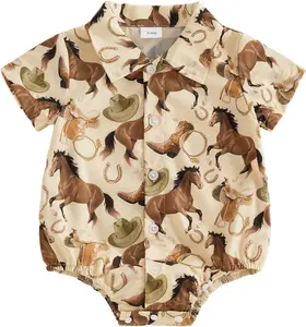 Kayotuas Western Baby Boy Clothes Cowboy Shirt Romper Long/Short Sleeve Button Down Dress Bodysuit Infant Gentleman Outfits