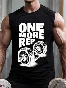 Men's 'come Again' Barbell Sleeveless Vest, Gym Hardcore Style, Graphic Fitted Tank Top, Casual Wear, No Zipper, Without Collar