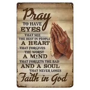 Vintage "Prayer & Faith in God" Tin Metal Sign - 8x12 in Pre-Drilled Religious Wall Decor, Inspirational Plaque for Home & Church Gifts, Home Office Decor, Yard Sign