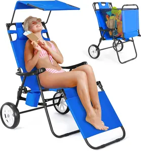 Foldable Beach Chair Trolley with Large Wheels, Folding Beach Chair Camping Chair with Canopy Awning 2 in 1 Tanning Chair Trolley Combo for Sunbathing Pool Backyard Beach