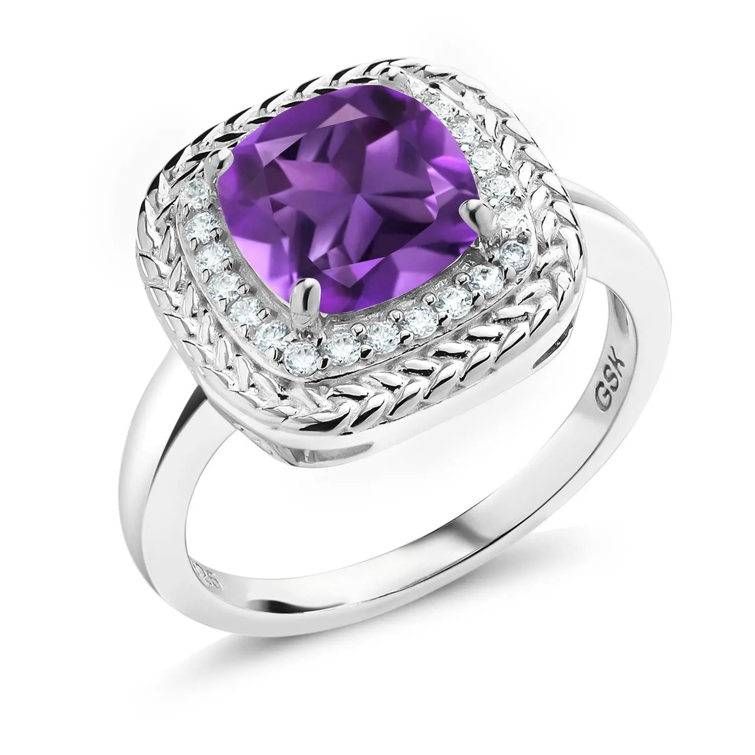 925 Sterling Silver 8MM Cushion Gemstone Birthstone Halo Engagement Ring | Wedding Engagement Anniversary Promise Ring For Women | Available In Size 5, 6, 7, 8, 9