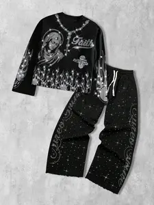 This men's two-piece set features a gothic streetwear design, including a long-sleeved T-shirt with a shimmering flame print and black flared trousers adorned with rhinestones and lettering.