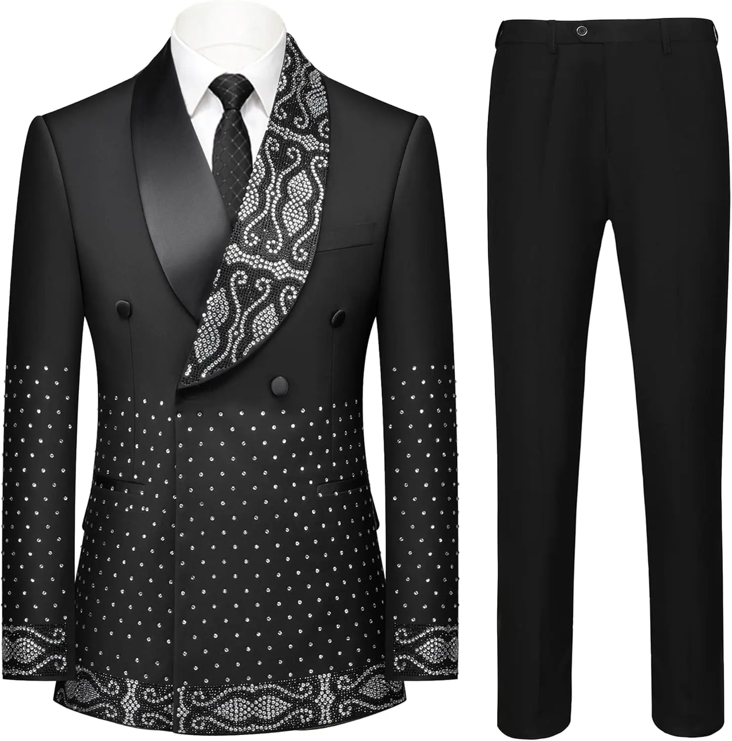 Men's Slim Fit Tuxedo Suit, 2-Piece Chic Formal Wear with Rhinestone Embellished Shawl Lapel Blazer and Pants for Proms & Banquets, Menswear, Hem, Longsleeves, Formal Attire, Modern Slim Fit, Tuxedo Jacket