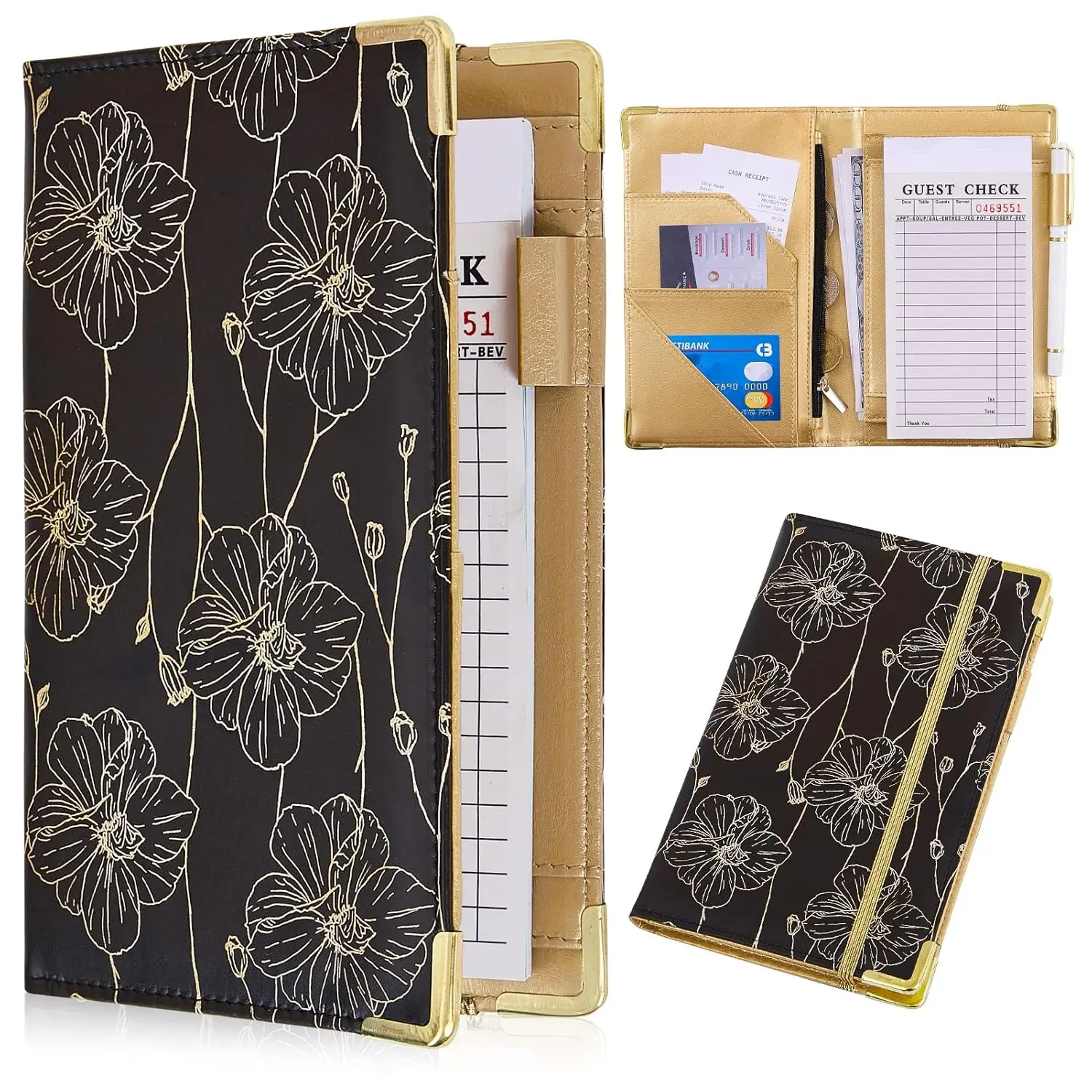 Server Books for Waitress with Money Pocket Leather Book with Zipper Wallet Serving Organizer