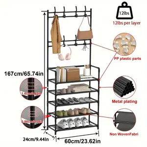 Black Four-Tier Clothes Hanger At The Entrance, shoe rack organizer At The Entrance, Bedroom Bench Hanger Combination with Hooks At The Entrance, Corridor Rack for Storing Shoes, Clothes, Jackets, Hats, Bags, Umbrellas, Hanging Hangable