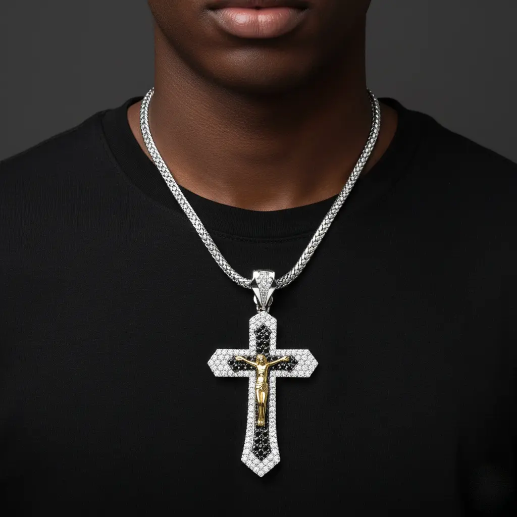 MaxBling81 Hip Hop Celebrity Style Large CZ Silver-Plated Jesus Cross Crucifix Religious Necklace Set, 4mm Franco Chain Link Necklace (20"-36") for Daily Wear, Chain Link Necklaces